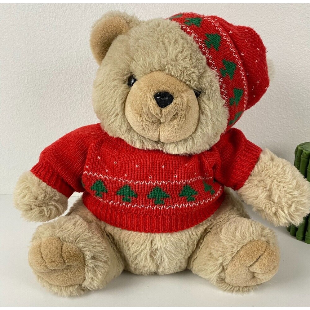 14" Vintage Tan CHRISTMAS TEDDY BEAR Stuffed Animal Plush Brown Windsor Toys Hat